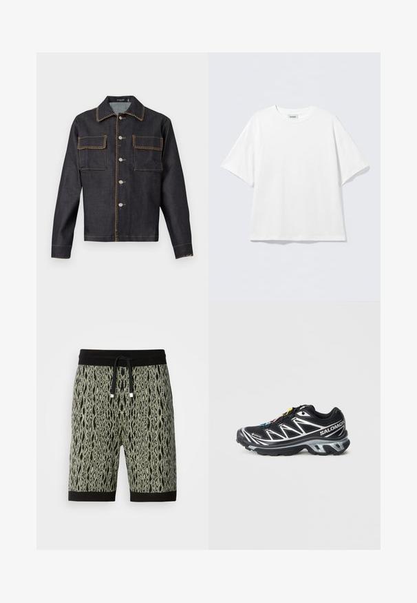 Giacca di jeans scura con colletto, chiusura frontale con bottoni, due tasche sul petto, cuciture in contrasto e maniche lunghe.; T-shirt bianca a maniche corte in cotone con scollo rotondo e vestibilità rilassata. Nessun motivo o dettaglio visibile. Design semplice.; Shorts con motivo in verde e nero ispirati a un serpente, dotati di una vita con cordino nero e orlo nero a contrasto.; Scarpa da corsa nera con accenti argento, materiale GORE-TEX, suola testurizzata e lacci colorati. Presenta un tallone imbottito per supporto.