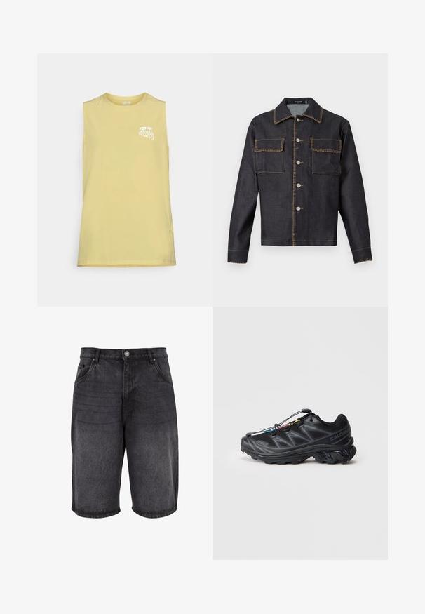 Dark denim jacket with a collar, full front button closure, two chest pockets, contrasting stitching, and long sleeves.; Sleeveless light yellow athletic tank top with small white "KARMA8A" logo and abstract eyes on the left chest.; Black denim shorts featuring a relaxed fit, five-pocket design, and a button closure. The fabric has a smooth texture with subtle fading.; Black athletic shoe with a textured mesh upper, reinforced toe, and a quick-lace system. Features a rugged outsole and slight heel elevation.