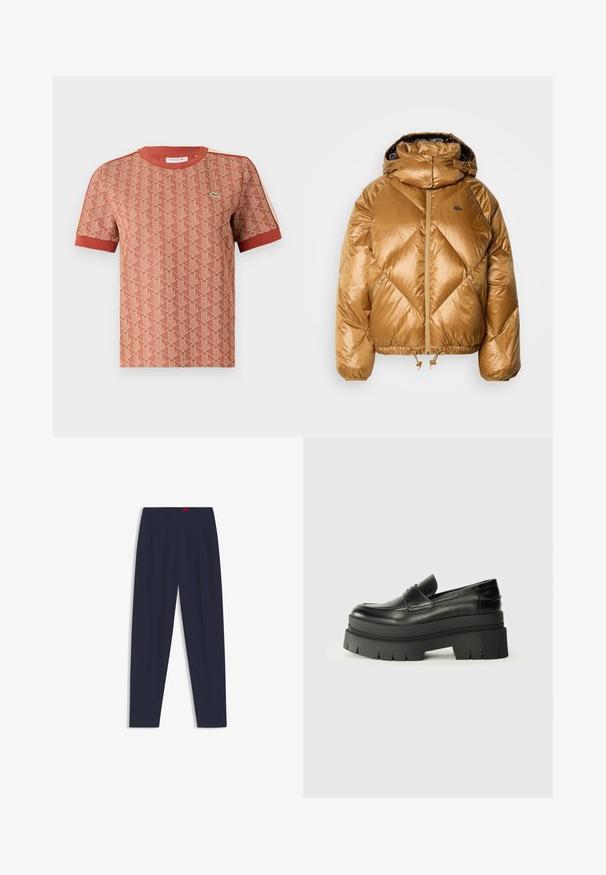 Puffet, guldbrun jakke med hætte, diamantquiltet struktur, lynlås foran, justerbar kant og et broderet logo på brystet.; Kortærmet t-shirt i terracotta med et struktureret geometrisk mønster, ribbet rund hals og kontrasterende røde detaljer på ærmerne.; Mørkeblå skræddersyede bukser med en glat tekstur, der har forkantede folder og sidelommer. Lige ben design uden synlige udsmykninger.; Sorte læder loafers med en kraftig platformsål. Rund tå, forkant-søm detalje og subtile syninger. Flad, struktureret ydersål.