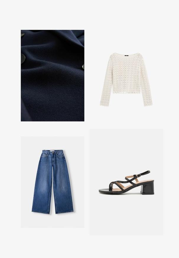 Marineblaues Wollgewebe mit strukturierten Oberflächen und subtiler Glanz. Beinhaltet runde schwarze Knöpfe entlang des Randes, die ein elegantes Design zeigen.; Häkelpullover in Creme mit lockerer Passform, langen Ärmeln und gewelltem Saum. Verfügt über offene Gewebemuster für eine atmungsaktive Textur.; Bershka WIDE-LEG - Wide Leg - dark blue; RAID ANSHIKA - Riemensandalette - black