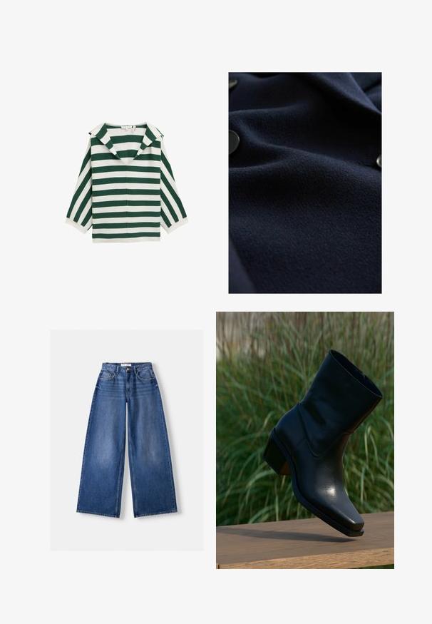 Tessuto di lana navy con una superficie texture e una sottile lucentezza. Presenta bottoni neri rotondi lungo il bordo, che mostrano un design snello.; Top a righe verdi e bianche con un ampio colletto, scollatura a V e maniche a tre quarti. Realizzato in un tessuto leggero con una texture liscia.; Bershka WIDE-LEG - Wide Leg - dark blue; Stivale alla caviglia in pelle nera con punta affusolata, tacco a blocco basso, texture liscia e dettagli di cucitura minimalista. Chiusura con cerniera visibile sul retro.