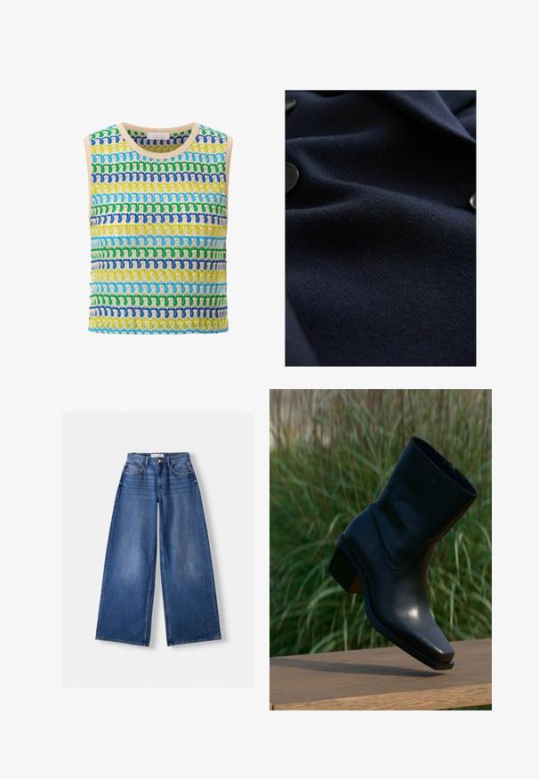 Navy wool fabric with a textured surface and subtle sheen. Features round black buttons along the edge, displaying a streamlined design.; Sleeveless top featuring a knitted pattern in vibrant blues, greens, and yellows. Multicolored horizontal stripes with a slight texture.; Bershka WIDE-LEG - Wide Leg - dark blue; Black leather ankle boot with a pointed toe, low block heel, smooth texture, and minimalistic stitching detail. Zipper closure visible at back.