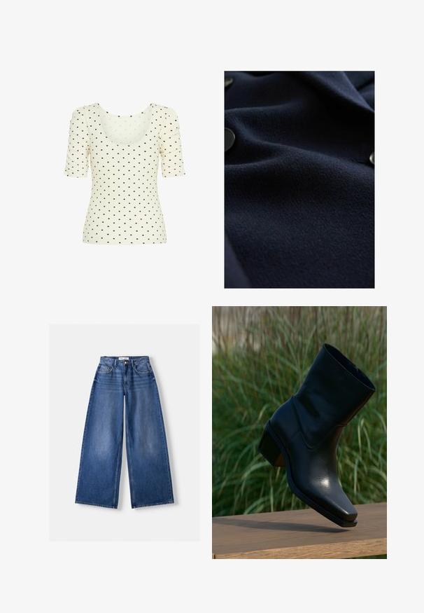 Marine wollen stof met een gestructureerd oppervlak en subtiele glans. Voorzien van ronde zwarte knopen langs de rand, die een gestroomlijnd ontwerp tonen.; Crème kleurige top met korte pofmouwen, voorzien van een ronde halslijn en een geribbelde textuur, versierd met kleine bruine stippen.; Bershka WIDE-LEG - Wide leg - dark blue; Zwarte leren enkelboot met een puntige neus, lage blokhak, gladde textuur en minimalistische stikdetails. Ritsluiting zichtbaar aan de achterkant.