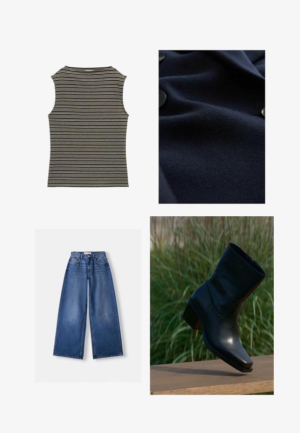 Tissu en laine bleu marine avec une surface texturée et un éclat subtil. Présente des boutons ronds noirs sur le bord, affichant un design épuré.; Haut sans manches avec un motif rayé noir et blanc, présentant une texture côtelée et un col rond classique.; Bershka WIDE-LEG - Wide Leg - dark blue; Bottine en cuir noir avec un bout pointu, un petit talon carré, une texture lisse et un détail de couture minimaliste. Fermeture éclair visible à l'arrière.