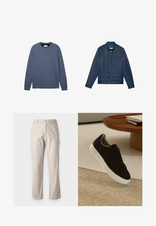 Marineblauwe geïsoleerde jas met een ritssluiting, geribbelde kraag, borstzak en logoprint op de mouw. Glad textuur en gewatteerd ontwerp.; Donkerblauwe crewneck trui, vervaardigd uit zachte stof met een gladde textuur, met lange mouwen en ribbelboorden en -zoom.; Beige cargobroek van stevig katoen met rechte pijpen, voorknopsluiting en zijzakken voor gebruiksgemak. Gladde textuur met subtiele stiksels.; Zwarte sneaker met witte zool die boven een beige gestructureerd tapijt zweeft, nabij een ronde houten tafel met gestapelde boeken.