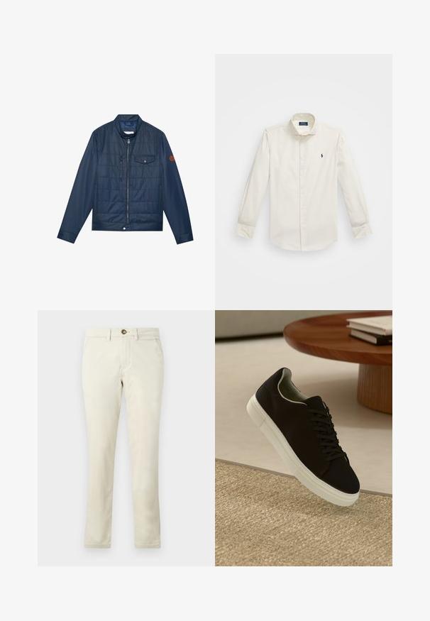 Navyblaue isolierte Jacke mit Reißverschluss, geripptem Kragen, Brusttasche und Logodetail am Ärmel. Glatte Textur und gepolstertes Design.; Weißes Langarmhemd aus Baumwolle, mit Button-Down-Kragen, einer einzelnen Brusttasche und einem kleinen navy Logo auf der linken Seite.; Beige Baumwoll-Chinos mit geradem Bein, ausgestattet mit einem Knopfverschluss vorne, zwei seitlichen Taschen und einem glatten, leicht strukturierten Stoff.; Schwarze Sneakers mit weißer Sohle, die über einem beige strukturierten Teppich schweben, in der Nähe eines runden Holztisches mit gestapelten Büchern.