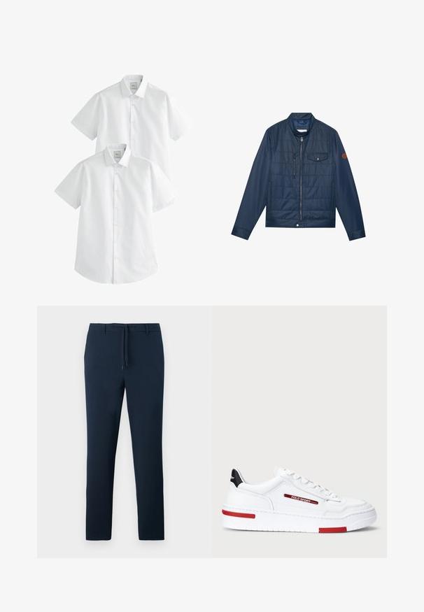 Námořnická modrá zateplená bunda se zapínáním na zip, žebrovaným límcem, náprsní kapsou a detaily loga na rukávu. Hladká textura a polstrovaný design.; Bílé krátké rukávy košile v balení po dvou, s límci na knoflíky a hladkým bavlněným materiálem, navržené pro neformální nošení.; Námořnické modré kalhoty z texturované látky, s rovně střiženými nohavicemi, předními kapsami a stahovacími šňůrkami v pase.; Bílé nízké tenisky s hladkou koženou texturou, s červenými a černými akcenty, prošívanými detaily a silnou bílou podrážkou.
