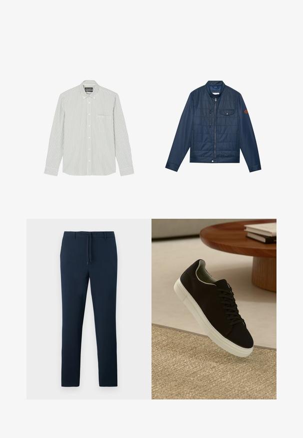 Navy blue insulated jacket with a zip closure, ribbed collar, chest pocket, and logo detail on the sleeve. Smooth texture and padded design.; Light green and white striped long-sleeve shirt, featuring a button-down collar, single chest pocket, and button fastenings.; Navy blue pants made of a textured fabric, featuring a straight leg design, front pockets, and a drawstring waistband.; Black sneaker with white sole floating above beige textured rug near round wooden table with stacked books.