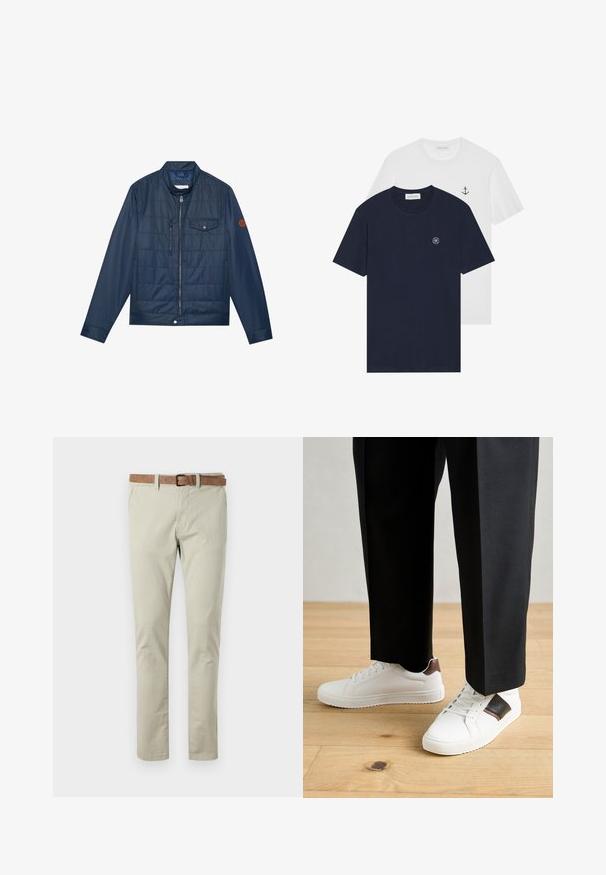 Temno modra izolirana jakna z zadrgo, rebrastim ovratnikom, žepom na prsih in logotipom na rokavu. Gladka tekstura in oblazinjena zasnova.; Dve majice: ena temno modra s krožnim logotipom, druga bela z majhnim dizajnom sidra. Narejene so iz bombaža, kratke rokave.; Bežna bombažna chinos hlače s ravnim krojem. Značilnosti vključujejo rjav usnjen pas, zanke za pas in standardne sprednje ter zadnje žepe.; Beli športni copati z gladko teksturo, okrašeni z rjavimi usnjenimi detajli in črnimi poudarki, v kombinaciji s črnimi krojenimi hlačami. Ozadje iz lesenih tal.