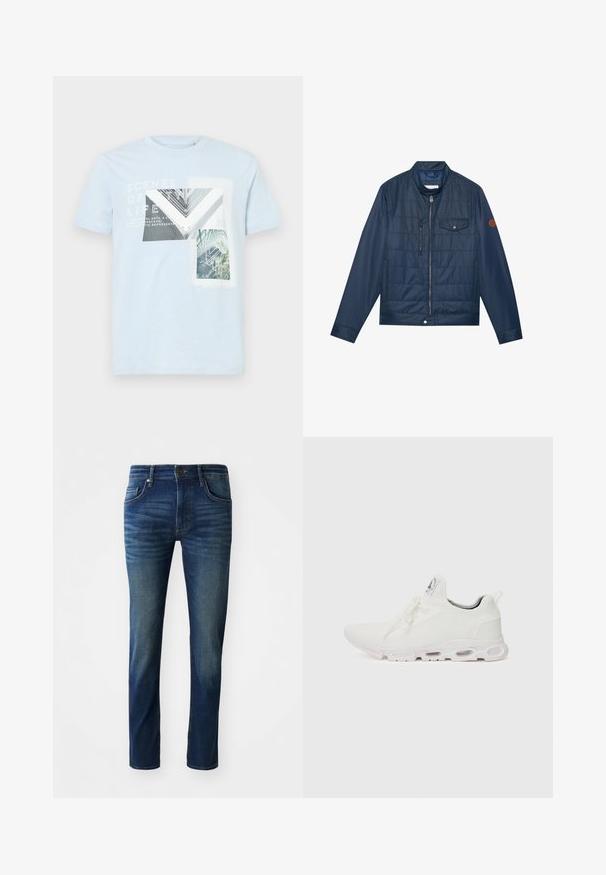 Tumed sinine isoleeritud jakk, millel on luku sulgemine, rööbastega krae, rinna tasku ja logodetail varrukal. Sile tekstuur ja polsterdatud disain.; Hele helesinise puuvillane T-särk, millel on graafilised printidega arhitektuuri elemente ja loodust, valgete tekstide ülekandega ja lühikeste varrukatega.; Tumedat sinised denim püksid kitsas lõikes, viie taskuga, ees nööbiga sulgemine ning jalgadel õrnalt tuhm tekstuur.; Valged sportijalatsid, millel on tekstuuriga kudum peal, lame paelad ja pehmendatud tallad nähtavate õhukambritega täiendava toe jaoks.