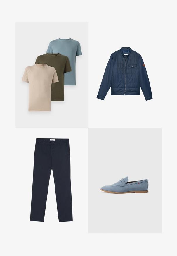 Casaco isolado azul marinho com fecho de correr, gola canelada, bolso no peito e detalhe do logótipo na manga. Textura suave e design acolchoado.; Três t-shirts de manga curta em bege, verde-oliva e azul claro, feitas de um tecido suave, com decote redondo e um design simples.; Chinos azul-marinho feitos de algodão com uma textura suave, apresentando um fecho de correr, passantes para cinto e bolsos laterais para funcionalidade.; Loafer de camurça azul claro com uma textura suave, costura decorativa e sola de borracha castanha. Apresenta um design de slot para moeda na parte superior.