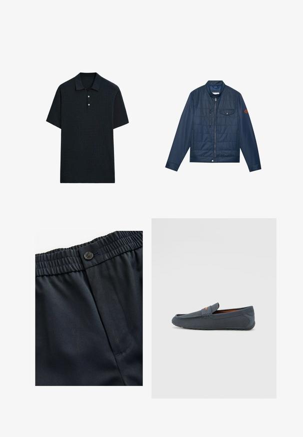 Marineblå isoleret jakke med lynlås, ribbet krave, brystlomme og logodetalje på ærmet. Glat tekstur og polstret design.; Mørk marineblå kortærmet polo-shirt i tekstureret strikket stof, med krave og tre-knaps placket, samt lige kant.; Marineblå, letvægtsstof med en glat tekstur. Har en elastisk talje med en knaplukning og en enkelt sidelomme.; Grå perforerede loafers med slip-on design, har en orange accent, rund tå og tekstureret gummi ydersål.