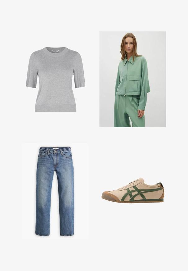 Mintgrüner, taillierter Blazer mit Kragen, Vorderreißverschluss und zwei großen aufgesetzten Taschen; aus einem glatten, leichten Stoff gefertigt.; Grauer Strickpullover mit kurzen Ärmeln, Rundhalsausschnitt und gerippten Bündchen. Der Stoff hat eine glatte Textur und ein einfaches, klares Design.; Hellblaue Jeans aus Denim, mit geradem Bein, weich eingestellter Taille, fünf Taschen, farblich passendem Nähen und Knopfverschluss.; Beige Leder-Sneaker mit grünen Akzenten, runder Zehenpartie, flacher Sohle und Wildlederdetails an der Zehenkappe und Ferse.