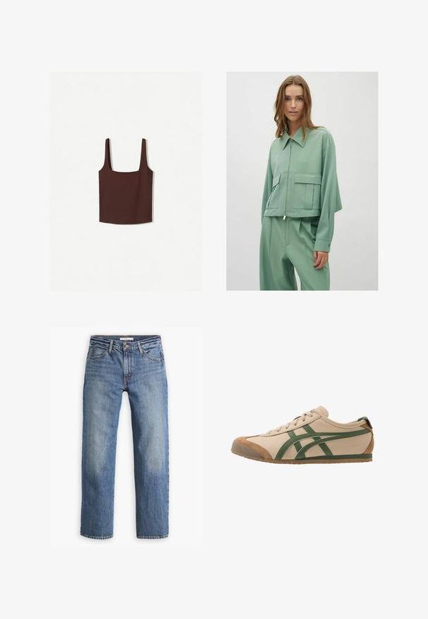 Světle zelená cropped bunda s límečkem, předním zipem a dvěma velkými náprsními kapsami; vyrobena z hladkého, lehkého materiálu.; Hnědý top na ramínka s širokými ramínky, vyrobený z měkkého materiálu. Jednoduchý design, bez vzorů nebo zdobení.; Světle modré džíny z denimu, rovný střih, střední pas, pět kapes, tónová nit a knoflíkový zip.; Béžové kožené tenisky se zelenými akcenty, s kulatou špičkou, plochou podrážkou a semišovými detaily na špičce a patě.