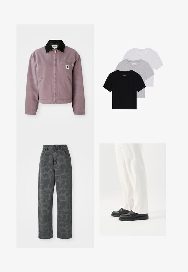 Ljubičasta kanvas jakna s crnim kordura ovratnikom, zatvaranje na zip, i džepom na prsima. Sadrži bočne džepove i kroj koji završava iznad struka.; Set od tri majice kratkih rukava u crnoj, sivoj i bijeloj boji. Izrađene od pamuka, s okruglim izrezom i jednostavnim, jednobojnim dizajnom.; Sive traperice s cvjetnim uzorkom, visokog struka, ravnog kroja i klasičnim pet džepova. Izdržljiv materijal s blagom teksturom.; Crne kožne mokasine s glatkom teksturom, detaljima šivanja i zaobljenim prstima, uparenim s bijelim krojenim hlačama.