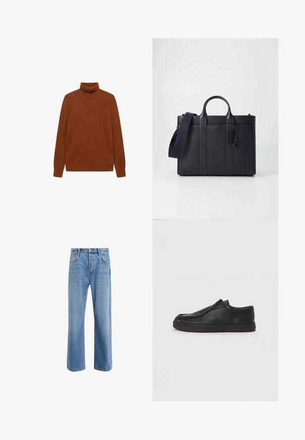 Halli hallide villasegu jakk, millel on terav krae, kaks rinnataskut, esi nuppe kinnitamine ja pikad varrukad. Tekstuuriga pind ja klassikaline disain.; Prantsuse kaelaehe hallikaspruun kootud südamega. Pikad varrukad ja vormitud disain, ideaalne kihtide peale panemiseks. Pehme, soe materjal.; Heledad sinine teksapüksid otse lõikega, viie taskuga, nupuga sulgemine, minimaalne kulumine ja kontrastsed õmbluse detailid.; Must na ostri varvastega musta nahast libisemisega king, millel on tikand ja must kummitald. Sile tekstuur ja minimalistik disain.; Tumedat mere nahkbriefcase kahekordsete ülemiste käepidemetega ja eemaldatava rihmaga. Omab tekstureeritud viimistlust, vertikaalset õmblust ja logodetaili.