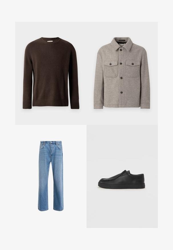 Giacca grigia in misto lana con colletto a punta, due tasche sul petto, chiusura frontale con bottoni e maniche lunghe. Superficie texturizzata e design classico.; Maglione a maniche lunghe marrone con collo a giro e polsini e orlo a costine, presentato su uno sfondo chiaro e uniforme.; Jeans in denim blu chiaro con design a gamba dritta, cinque tasche, chiusura con bottone, leggero sbiadimento e dettagli di cucitura a contrasto.; Scarpa slip-on in pelle nera con punta arrotondata, dettagli cuciti e suola in gomma nera. Texture liscia con design minimalista.