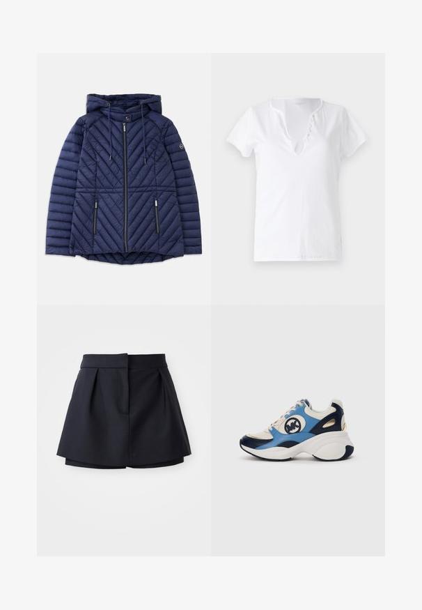 Marineblå, kviltet hettegenser med frontglidelås, to glidelåslommer, snor og logo på venstre erme.; Hvit bomulls T-skjorte med kort erm, avslappet passform og V-hals med en stolpe med fem dekorative knapper.; Marineblå, pregede shorts med høj talje, lavet af blødt stof. Har et tætsiddende design og en skjult forlommek.; Hvit, marineblå og lyseblå semsket sneakers med tykk såle og sirkulært brodert logo på siden.