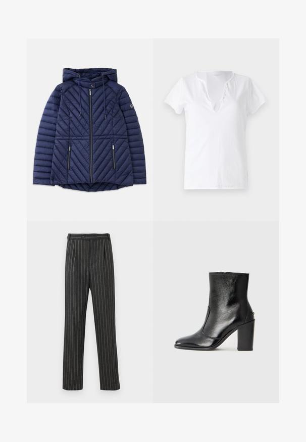 Veste à capuche matelassée bleu marine avec fermeture éclair à l'avant, deux poches zippées, cordons de serrage et logo sur la manche gauche.; T-shirt en coton blanc à manches courtes, coupe décontractée et décolleté en V, avec un plastron orné de cinq boutons décoratifs.; Pantalons rayés gris en tissu tissé. Dotés d'une taille haute, de plis avant et d'une coupe droite. Fermeture à bouton standard.; Bottine en cuir noir, avec une texture lisse, un bout pointu et un talon chunky haut. Présente une ouverture sur le côté et un design minimaliste.