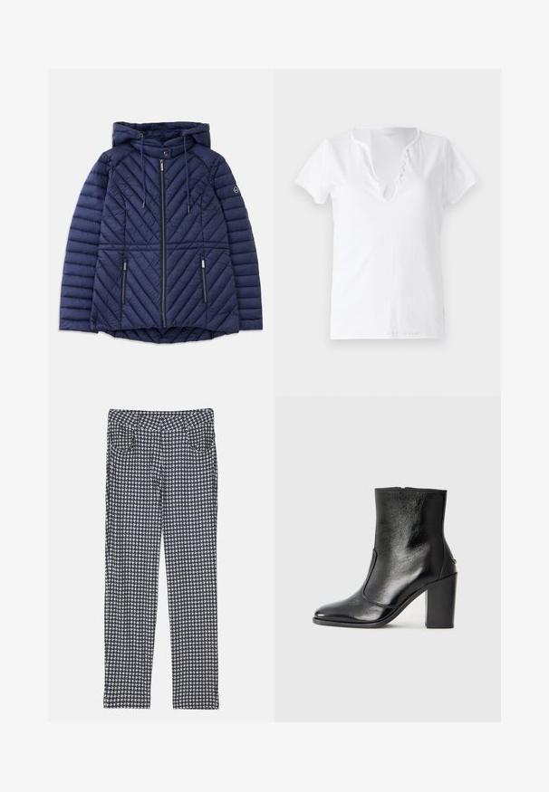 Navy blue quilted hooded jacket with front zipper, two zippered pockets, drawstrings, and logo on left sleeve.; White cotton t-shirt with short sleeves, a relaxed fit, and a V-neckline featuring a placket with five decorative buttons.; Trousers in a houndstooth pattern, featuring a blend of black, white, and gray. Designed with a fitted silhouette and front pockets.; Black leather ankle boot with a smooth texture, pointed toe, and a chunky high heel. Features a side opening and minimalistic design.