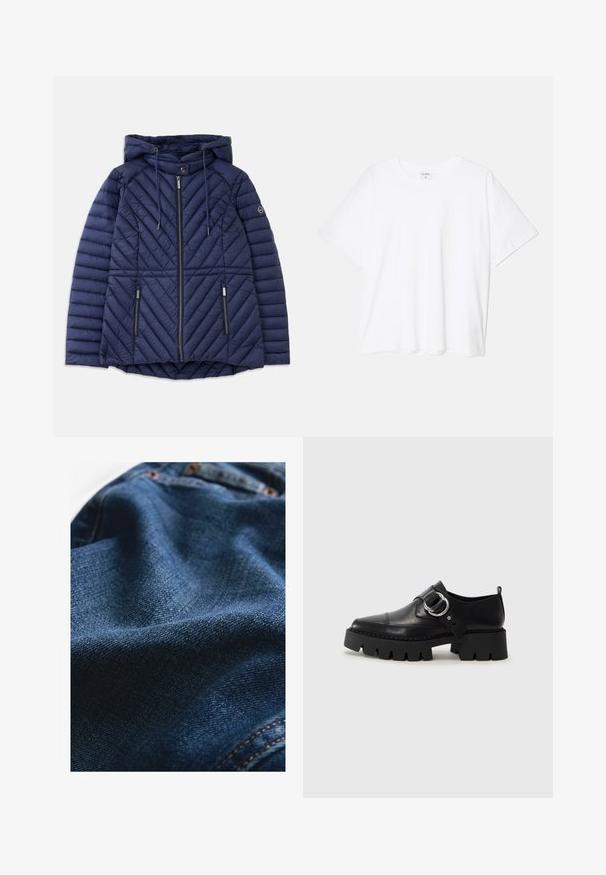 Tumši zilā, quilted kapucīša jaka ar priekšējo rāvējslēdzēju, divām rāvējslēdzēja kabatām, auklām un logo uz kreisā piedurknes.; Balta kokvilnas T-krekls ar īsām piedurknēm, apaļu dekoltē, brīva piegriezuma un šūtu apakšmalu. Etiķete redzama iekšējā kakla daļā.; Tumši zilo džinsu audumu ar gludu tekstūru, kam ir smalkas auduma variācijas un kontrastējošas diegu šuves.; Melni ādas apavi ar masīvu, rievojumu zoli, ar apaļu sudraba aksesuāru un minimālām šuvēm.