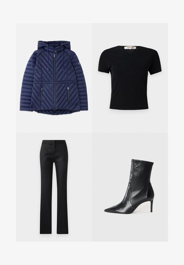 Navy modrá prešívaná bunda s kapucňou, so zipsom vpredu, dvoma zipsovými vreckami, stiahnutiami a logom na ľavom rukáve.; Čierne tričko s krátkym rukávom a výstrihom do V, vyrobené z hladkej, elastickej textílie. Má jednoduchý, klasický strih bez zdobenia.; Čierne, priliehavé nohavice s hladkou textúrou, mierne lesklým povrchom a strihom s rovnými nohavicami. Žiadne viditeľné kovové prvky ani vzory.; Čierne kotníkové topánky vyrobené z hladkej kože, s špicatou špičkou, priliehavým zvrškom aúzkym vysokým podpätkom. Minimalistický dizajn bez viditeľného kovania.