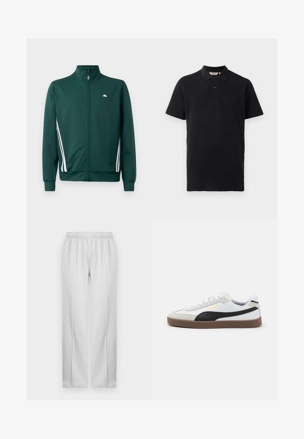 Casaco de treino verde com fecho éclair e gola alta, com riscas brancas nas laterais e logótipo no peito. Tecido suave com um design leve e desportivo.; Pólo preto feito de algodão texturizado. Apresenta um fecho de botão de dois, mangas curtas e um discreto logótipo bordado no peito.; Calças de moletom cinzentas com cintura elástica, pernas retas e costuras laterais discretas. Feitas de um tecido leve e suave. Design minimalista.; Sapatilha de couro branca com detalhe em camurça preta, bico redondo, sola plana de borracha castanha e logotipo em relevo dourado na lateral. Cadarços e colarinho acolchoado.