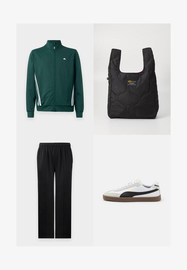 Zelena zip-up trenirka z visokim ovratnikom, belimi stranskimi črtami in logotipom na prsih. Gladek material z lahkotnim, športnim dizajnom.; Črna polo majica iz teksturirane bombažne tkanine. Ima dvonamenski gumb na zadrgo, kratke rokave in diskretno vezeno logotip na prsih.; Črne hlače iz mehkega blaga z elastičnim pasom, ravnim krojem in dvema stranskima žepoma. Imajo skrito šivanje.; Beli usnjeni čevlji z črnimi semiš akcenti, okrogla pika, ravna rjava gumijasta podplata in embosiran zlati logotip na strani. Šnare in podložen ovratnik.; Črna prešita torba z veliko odprtino, ukrivljenimi oblikami na površini in oznako z rumenim in belim besedilom spredaj.