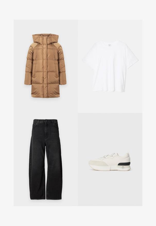 Abrigo acolchado marrón con capucha, con un diseño acolchado, cierre con cordón y mangas largas. Material exterior suave con un acabado ligeramente brillante.; Camiseta de algodón blanca con mangas cortas, escote redondo, corte relajado y dobladillo cosido. Etiqueta visible en el interior del cuello.; Vaqueros de denim negros de pierna ancha, hechos de tela resistente, que presentan una cintura alta, grandes bolsillos frontales y un diseño de costura limpio y minimalista.; Zapatilla blanca con una puntera de ante texturizado, parte superior de malla suave, cordones decorativos y un acento en el talón de goma negra.
