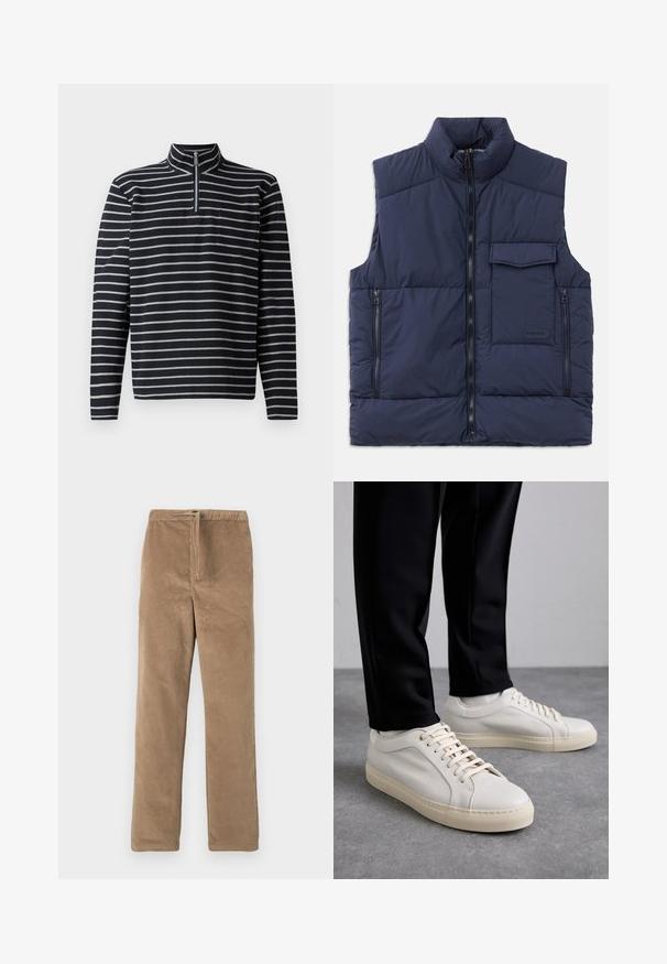 Temno modra oblazinjena jakna z visokim ovratnikom, sprednjim zadrgo, dvema žepoma z zadrgo na straneh in enim žepom s poklopcem na prsih. Gladka tekstura.; Pulover z dolgimi rokavi v mornarsko modri in sivi črtasti izvedbi, s polno zadrgo na ovratniku in žepom na prsih, izdelan iz strukturirane tkanine.; Rjave kordurojske hlače z elastičnim pasom in sprednjim vrvico, ravne nogavice, prikazane na beli podlagi.; Svetlo bež usnjeni športni čevlji z ravnimi vezalkami, teksturirano površino in kontrastnim smetanastim gumijastim podplatom, v kombinaciji s črnimi oprijetimi hlačami.