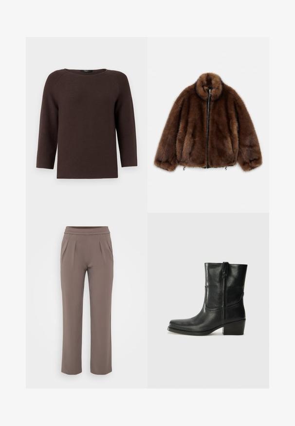 Smeđa jakna od umjetnog krzna s visokim ovratnikom, zatvaranjem na patentni zatvarač i elastičnim manžetama. Ima mekanu teksturu i zaobljen dizajn za opuštenu prilagodbu.; Smeđa pletena dukserica s okruglim izrezom i raglan rukavima do tri četvrtine. Ima teksturirani uzorak i ravni kroj.; Taupe hlače širokog kroja s elastičnim pojasom i prednjim naborima, izrađene od glatkog materijala.; Crne kožne čizme do članaka s okruglim vrhom, blok potpeticom, bočnim patentnim zatvaračem i detaljima od šavova na gornjem dijelu. Glatka tekstura, klasičan dizajn.
