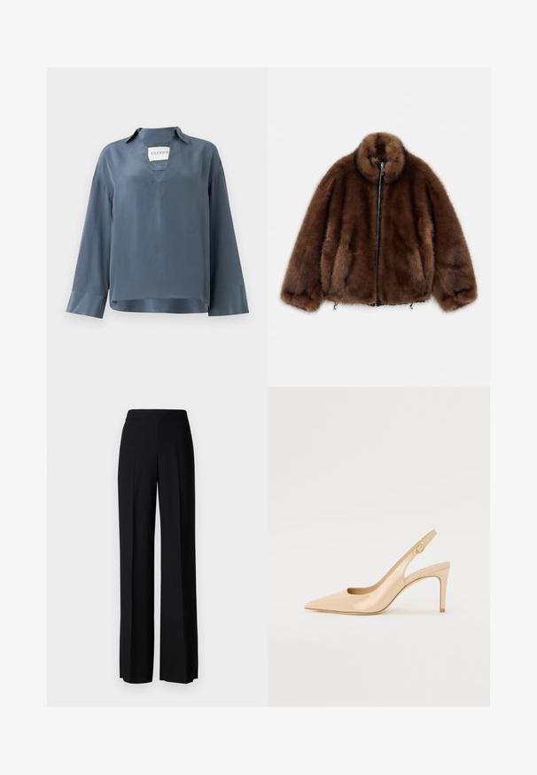 Barna műszőrme dzseki magas gallérral, cipzáras záródással és elasztikus mandzsettával. Puha tapintású, lekerekített dizájnja miatt kényelmes illeszkedést biztosít.; Hosszú ujjú, kék selyem blúz V nyakkal és gallérral. Jellemzője a dobozos szabás és a sima textúrájú mandzsetta. Márkajelzés látható belül.; Fekete, széles szárú nadrág sima tapintással, magas derékkal és középen pliszével. Nincsenek látható minták vagy fém részletek.; Meztelen lakkbőr pántos magassarkú, hegyes orral, nyitott elejű és vékony tűs sarkú. A pánton egy kör alakú arany dísz található.