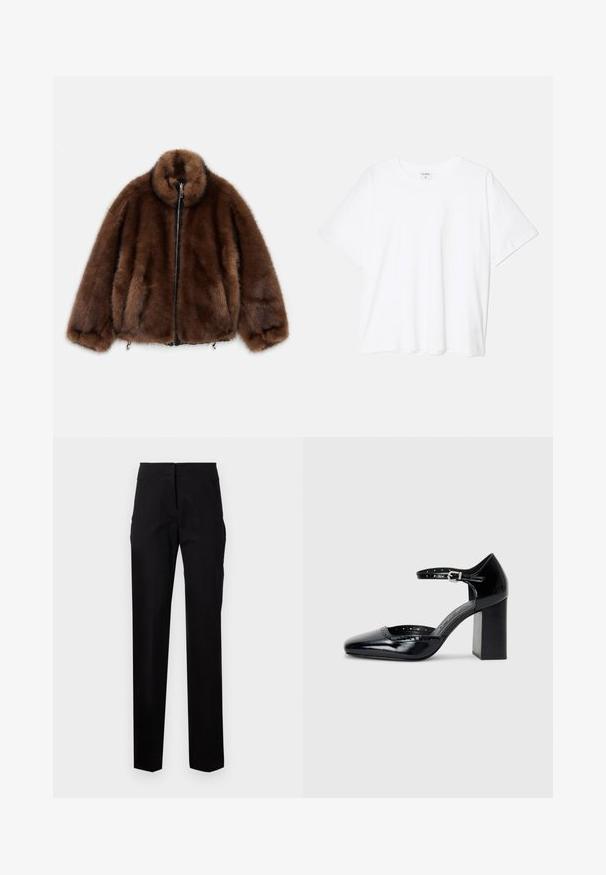 Brown faux fur jacket with a high collar, zip closure, and elastic cuffs. Features a soft texture and rounded design for a relaxed fit.; White cotton t-shirt with short sleeves, round neckline, relaxed fit, and stitched hem. Label visible on the inside neck.; Black tailored pants with a straight leg design, featuring a flat front, belt loops, and side pockets. Smooth fabric with minimal stitching details.; Black patent leather high-heeled shoes with a square toe, ankle strap, and a chunky heel. Includes perforated detailing along the rim.
