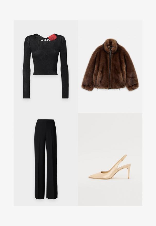 Bruine nepbontjacket met een hoge kraag, ritssluiting en elastische manchetten. Heeft een zachte textuur en een afgeronde vorm voor een ontspannen pasvorm.; Zwart, lang mouwcropped top met ribbelstructuur. Heeft een ronde halslijn en een strikdetail aan de achterkant, met een zichtbaar rood label.; Zwarte wijde broek met een gladde textuur, voorzien van een hoge tailleband en middelste plooien. Geen zichtbare patronen of hardware-details.; Nude gepatineerd leren slingbackhak met een spitse neus, open vamp en een dunne stilettohak. Bevat een ronde gouden accent op de band.