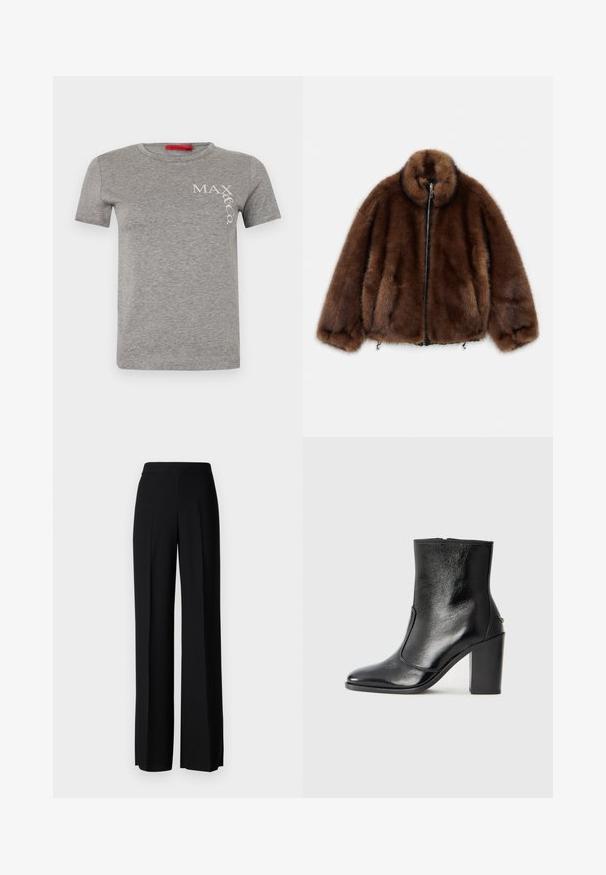 Hnědá umělá kožešinová bunda s vysokým límcem, zipem a elastickými manžetami. Disponuje měkkou texturou a zaobleným designem pro uvolněný střih.; Šedé bavlněné tričko s kulatým výstřihem a krátkým rukávem, na levé straně se nachází bílé logo "MAX&Co." napsané diagonálně.; Černé kalhoty s širokým střihem a hladkým povrchem, s vysokým pasem a středovými skladbami. Žádné viditelné vzory ani kovové detaily.; Černé kožené kotníkové boty s hladkou texturou, špičatou špičkou a robustním vysokým podpatkem. Mají boční otvor a minimalistický design.