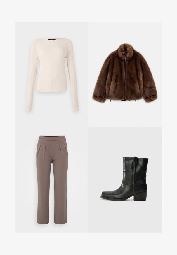 Hnědá umělá kožešinová bunda s vysokým límcem, zipem a elastickými manžetami. Disponuje měkkou texturou a zaobleným designem pro uvolněný střih.; Dlouhý rukáv, světle béžový top s kulatým výstřihem. Vyrobeno z jemné látky, má středový šev a mírně zaoblený lem. Bez viditelné kovové úpravy.; Taupe volné kalhoty s elastickým pasem a předními záhyby, vyrobené z hladkého materiálu.; Černá kožená kotníková bota s kulatou špičkou, blokovým podpatkem, bočním zipem a prošíváním na svršku. Hladký povrch, klasický design.