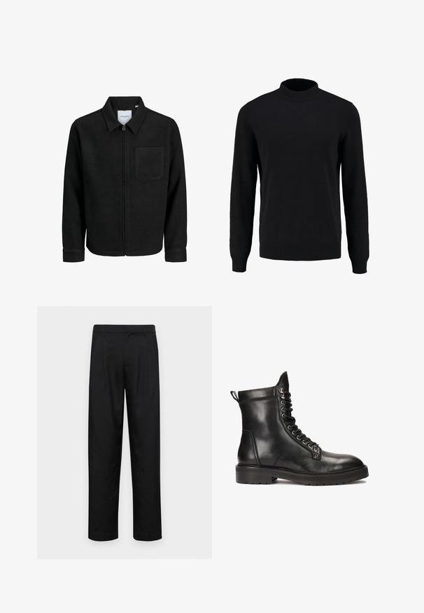 Musta vetoketjullinen takki, jossa on kaulus ja yksi rintatasku, esitelty valkoista taustaa vasten.; Musta neulepaita, jossa on korkea kaulus, pitkät hihat sekä ribbireunat hihansuissa ja helmassa. Paita on sileäpintaista ja klassista siluettia.; Mustat housut, jotka on valmistettu sileästä kankaasta, suoran lahkeen muotoilulla, kahdella etupleekillä ja tavanomaisella vyötäröllä, jossa on vyölenkit.; Kazar Studio CANRERTH - Nauhalliset nilkkurit - black