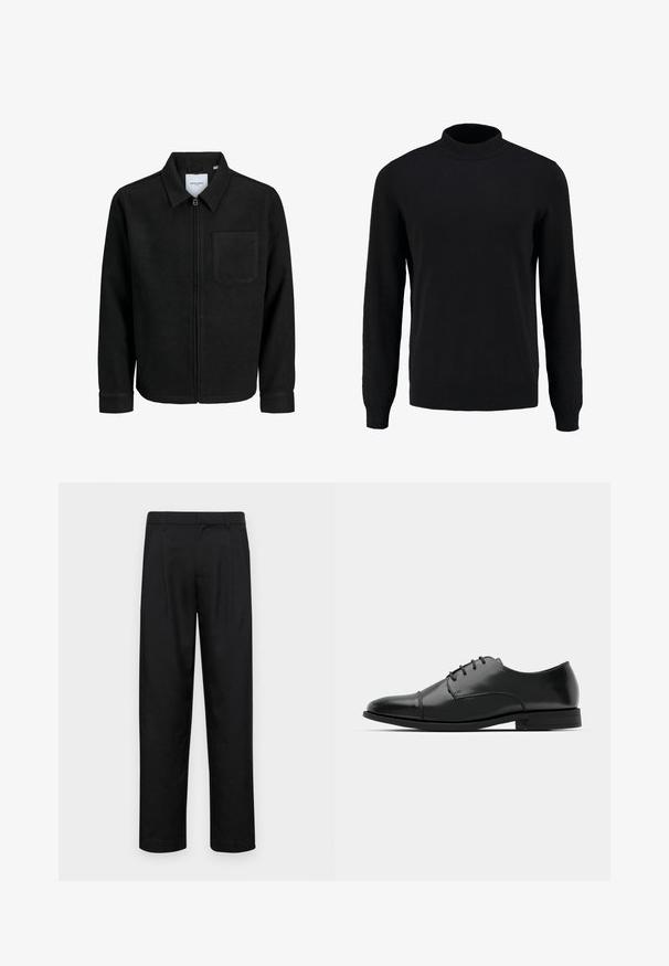 Mustaga lukuga jakker, millel on krae ja üks rinna-tasku, esitatud valgel taustal.; Musthave mustristiga kõrge kaelusega must sõlmiga sviiter, millel on pikad varrukad ja soonikuttid, sile tekstuur ja klassikaline siluett.; Mustad mustadest riietest, millel on sirge jalgade disain, kaks eesmist voltimist ja tavaline vöökoht, millel on vöökohad.; Must must esine tugeva varbaga, luku kinnitusega, peente õmblustete detailidega ja madala kontsaga. Sile tekstuur ja poleeritud viimistlus.