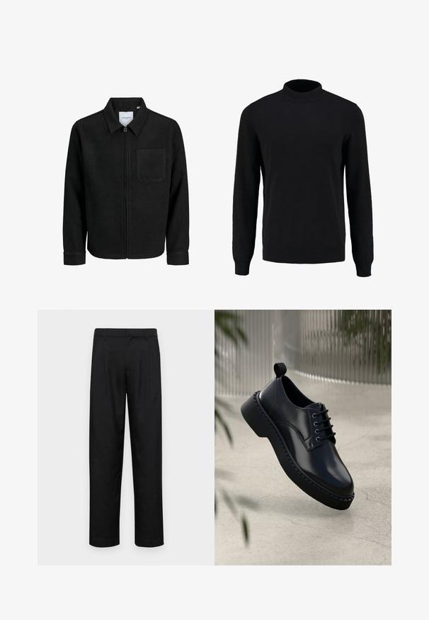 Fekete, zipzáros dzseki gallérral és egyetlen mellzsebbel, fehér háttéren.; Fekete kötött pulóver magas nyakkal, hosszú ujjakkal, bordás mandzsettákkal és alsó résszel, sima textúrával és klasszikus sziluettel.; Fekete nadrág sima anyagból, egyenes szárú fazonnal, két elülső redővel és közönséges derékkal, övhurkokkal.; Fekete bőr cipő lekerekített orral, fűzős kialakítással és vastag gumi talppal, amelynek texturált pereme van. Simaság és minimális hardver jellemzi.