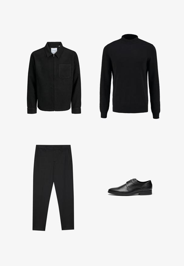 Giacca nera con zip, colletto e una tasca sul petto, mostrata su sfondo bianco.; Maglione nero lavorato a maglia con colletto alto, maniche lunghe e polsini e orlo a costine, caratterizzato da una texture liscia e una silhouette classica.; Pier One Chino - black; Scarpe eleganti in pelle nera con texture liscia, punta arrotondata e design con lacci a quattro occhielli. Presentano un tacco basso impilato e dettagli cuciti.