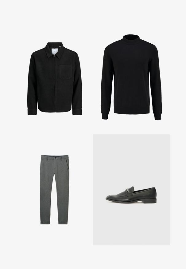 Crna jakna na zip s ovratnikom i jednim džepom na prsima, prikazana na bijeloj pozadini.; Crna pletena majica s visokim ovratnikom, dugim rukavima i rebrastim manžetama i rubom, s glatkom teksturom i klasičnom siluetom.; Sive pripijene hlače od strukturirane tkanine, koje imaju bočne džepove, petlje za remen i jedan gumb za zatvaranje u struku.; Crna kožna loafer cipela s glatkom finišem, s ušivenim uzorkom i dekorativnim metalnim lancem preko prednjeg dijela. Ravni potplat.