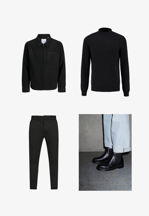 Zwarte zip-up jas met kraag en enkele borstzak, weergegeven op een witte achtergrond.; Zwarte gebreide trui met een hoge kraag, lange mouwen en geribde manchetten en zoom, met een gladde textuur en een klassieke silhoeet.; Zwart gestreepte broeken met verticale witte strepen, een slim fit ontwerp en een knoopsluiting met riemlussen voor aanpasbare maat.; Zwarte leren Chelsea-boots met elastische zijpanelen en een gestructureerde rubberen zool, gecombineerd met lichtblauwe denim jeans met omslag.
