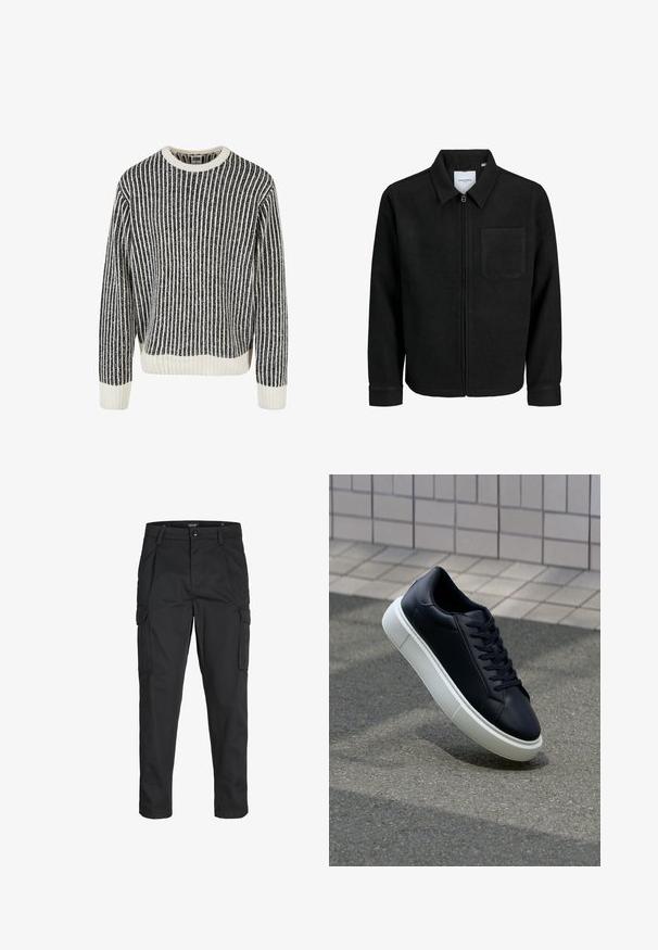 Giacca nera con zip, colletto e una tasca sul petto, mostrata su sfondo bianco.; Maglione a righe bianche e nere in maglia, con scollatura a girocollo, texture a coste e maniche lunghe. L'orlo inferiore e i polsini presentano dettagli bianchi solidi.; Pantaloni cargo neri realizzati in un tessuto resistente, dotati di molteplici tasche, chiusura con bottone e un design aderente con gambe affusolate.; Sneaker in pelle nera con punta arrotondata e suola in gomma bianca. Presenta lacci piatti e cuciture minime sulla parte superiore. Suola testurizzata per una migliore aderenza.