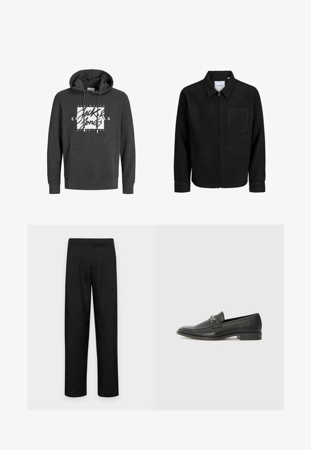 Mustaga lukuga jakker, millel on krae ja üks rinna-tasku, esitatud valgel taustal.; Tumedat hallid särk, mis on valmistatud pehmest materjalist, millel on eesmine tasku, nööriga kapuuts ja suur valge graafiline logo rinnal.; Mustad mustadest riietest, millel on sirge jalgade disain, kaks eesmist voltimist ja tavaline vöökoht, millel on vöökohad.; Must haveate nahkking punased, millel on sile viimistlus, tikitud muster ja dekoratiivne metallkett vampi üle. Tasane konts.