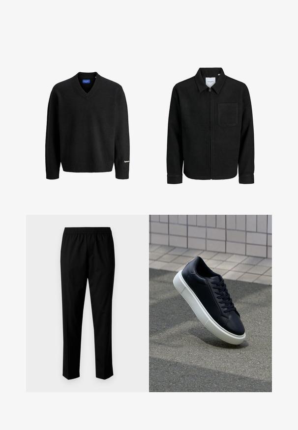 Giacca nera con zip, colletto e una tasca sul petto, mostrata su sfondo bianco.; Maglione nero a V con maniche lunghe, polsini e orlo a coste, piccola ricamo bianco sul polsino destro e etichetta interna blu.; Pantaloni neri con una vita elastica, caratterizzati da un design a gamba dritta. Il tessuto sembra liscio con una texture opaca, senza motivi visibili.; Sneaker in pelle nera con punta arrotondata e suola in gomma bianca. Presenta lacci piatti e cuciture minime sulla parte superiore. Suola testurizzata per una migliore aderenza.