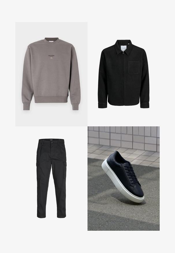 Black zip-up jacket with collar and single chest pocket, displayed on white background.; Gray cotton sweatshirt featuring a ribbed crew neckline and cuffs, with the text "ESS.WRD." printed in dark on the front.; Black cargo pants made of sturdy fabric, featuring multiple pockets, a button closure, and a slim fit design with tapered legs.; Black leather sneaker with rounded toe and white rubber sole. Features flat laces and minimal stitching on the upper. Textured sole for grip.