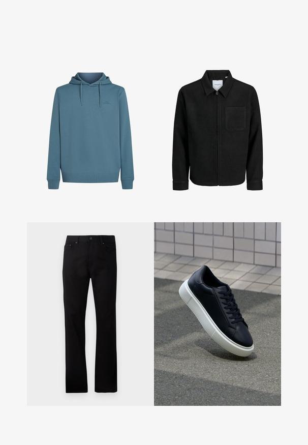 Veste zippée noire avec col et poche poitrine unique, présentée sur fond blanc.; Sweat à capuche en tissu bleu doux et texturé. Il comprend des cordons de serrage, une poche avant et un petit logo sur la poitrine.; Jean noir à jambe droite en denim, avec une fermeture à bouton à l'avant, deux poches latérales et une texture lisse.; Baskets noires en cuir avec bout arrondi et semelle en caoutchouc blanc. Elles présentent des lacets plats et une couture minimale sur la tige. Semelle texturée pour une bonne adhérence.