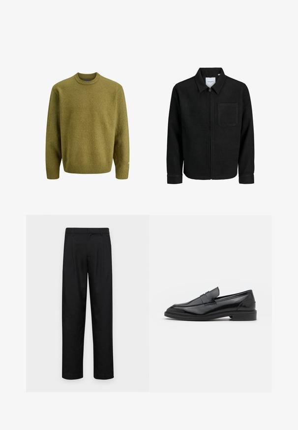 Jachetă neagră cu fermoar, cu guler și un singur buzunar pe piept, expusă pe fundal alb.; Pulover verde măslinie realizat dintr-un material tricotat texturat, având gât rotund și margini ribbate. Croi lejer cu mâneci lungi și detalii subtile de accent.; Pantaloni negri dintr-un material neted, cu un design drept, două pliuri frontale și un tiv standard cu bucle pentru curea.; Pantofofi din piele neagră cu un finisaj neted, având vârful rotunjit și o bandă îngustă pe partea superioară. Toc mic, stratificat.