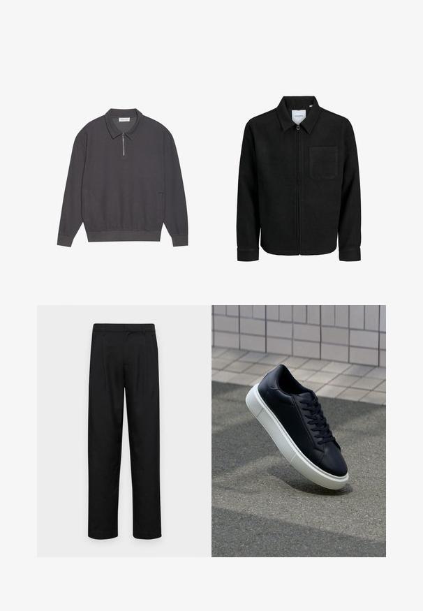 Crna jakna na zip s ovratnikom i jednim džepom na prsima, prikazana na bijeloj pozadini.; Tamnosiva majica s dugim rukavima i zatvaračem na ovratniku, rebrastom teksturom, elastičnim manžetama i bočnim džepovima. Opušten i svestran dizajn.; Crne hlače od glatkog materijala, s dizajnom ravnih nogavica, dva prednja nabora i standardnim pojasom s petljama za remen.; Crne kožne tenisice s zaobljenim vrhom i bijelim gumiranim potplatom. Imaju ravne vezice i minimalno šivanje na gornjem dijelu. Teksturirani potplat za bolje prianjanje.
