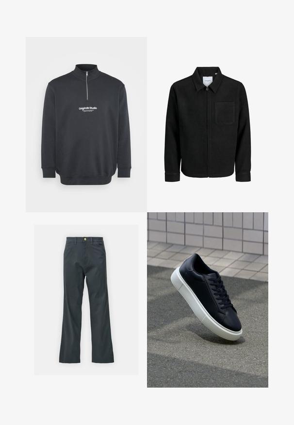 Čierna zipsová bunda s golierom a jednou náprsníkou, vystavená na bielom pozadí.; Jack & Jones JORVESTERBRO QUARTER ZIP - Mikina - forest river; Čierne nohavice so straight leg strihom, vyrobené z bavlnenej zmesi. Majú kovové zapínanie a bočné vrecká. Bez viditeľných vzorov.; Čierne kožené tenisky s okrúhlou špičkou a bielou gumovou podrážkou. Majú ploché šnúrky a minimálne šitie na vrchu. Textúrovaná podrážka pre lepšiu priľnavosť.